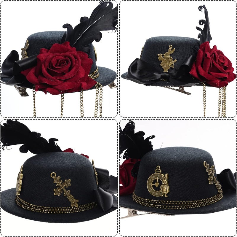Heliltd Helitd Steampunk Mini Hat Hair Clip for Halloween Parties, Women and Men, with Rose Flower, Feather, and Chain - Image 4